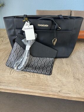 NWT Bebe Black Tote Bag Set 3-Piece Wristlet Crossbody Strap Logo Purse